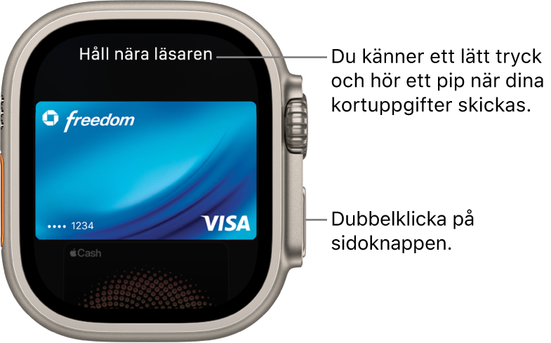 Apple Pay-skärm med ”Håll nära läsaren” överst. Ett lätt tryck känns och ett ljud hörs när kortinformationen skickas.