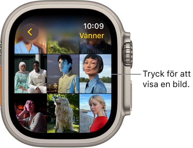 Huvudskärmen i appen Bilder på Apple Watch med flera bilder som visas i ett rutnät.
