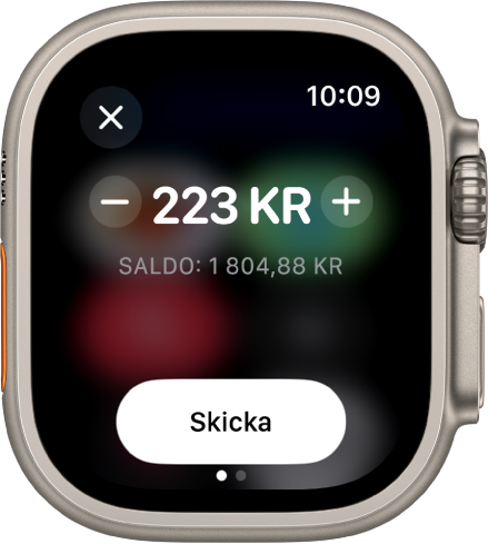 En skärm i Meddelanden som visar att en betalning med Apple Cash förbereds. Överst till höger visas ett belopp i dollar. Under det visas det nuvarande saldot och längst ned finns knappen Skicka.