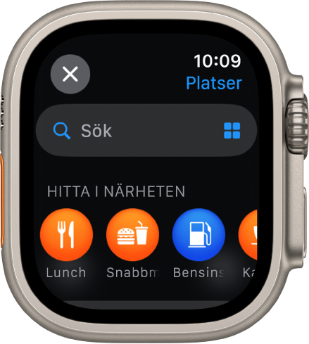 Skärmen Sök i appen Kartor med sökfältet nära överkanten. Rubriken Hitta i närheten visas nära nederkanten med kategorier som lunch och bensinstationer nedanför.