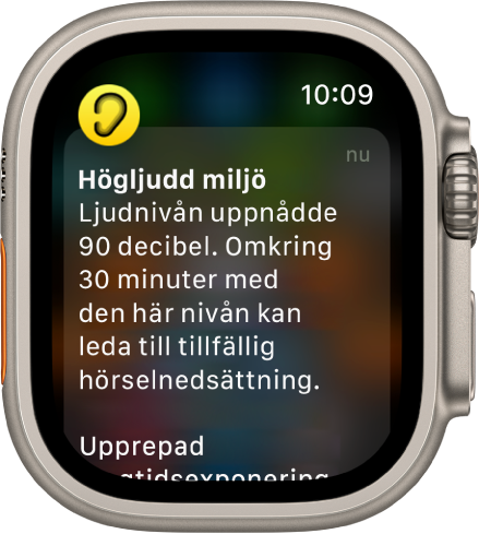 Apple Watch som visar en bullernotis. Symbolen för den app som är kopplad till notisen visas högst upp till vänster. Tryck på den om du vill öppna appen.