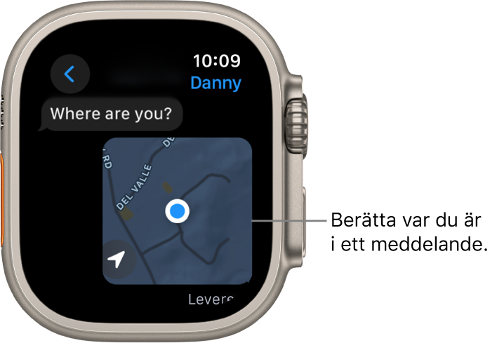 Appen Meddelanden visar en karta med en persons plats markerad.