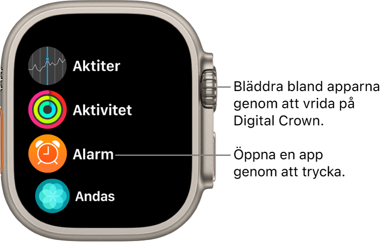 Hemskärmen i listvy på Apple Watch med appar i en lista. Öppna en app genom att trycka på den. Rulla för att se fler appar.