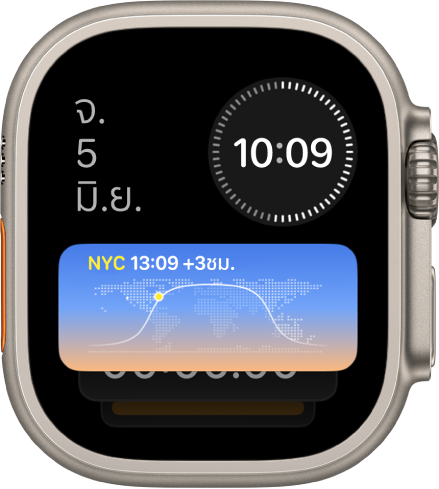 วิดเจ็ตซ้อนอัจฉริยะบน Apple Watch Ultra ที่แสดงสามวิดเจ็ต: วันและวันที่ที่ด้านซ้ายบนสุด เวลาดิจิทัลที่ด้านขวาบนสุด และนาฬิกาโลกที่กึ่งกลาง