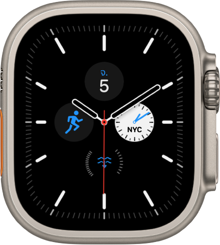 หน้าปัดนาฬิกาแบบเมริเดียน ซึ่งคุณสามารถปรับเปลี่ยนสีและรายละเอียดของหน้าปัดได้ โดยแสดงกลไกหน้าปัดสี่กลไกอยู่ภายในหน้าปัดนาฬิกาแบบอนาล็อก วันที่ที่ด้านบนสุด นาฬิกาโลกที่ด้านขวา ความลึกที่ด้านล่างสุด และออกกำลังกายที่ด้านซ้าย