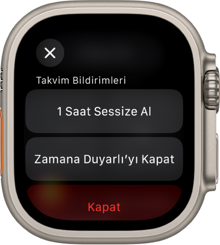 Apple Watch’taki bildirim ayarları. En üstteki düğmede “1 Saat Sessize Al” yazıyor. Onun altında Zamana Duyarlı’yı Kapat ve Kapat düğmeleri bulunuyor.