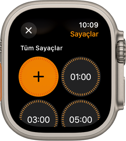 Sayaç uygulaması ekranı; yeni bir sayaç yaratmaya yönelik ekle düğmesini ve 1,3 veya 5 dakikalık hızlı sayaçları gösteriyor.