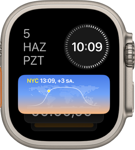 Apple Watch Ultra’daki Akıllı Gruplama üç araç takımını gösteriyor: Sol üstte gün ve tarih, sağ üstte dijital saat, ortada ise Dünya Saati.