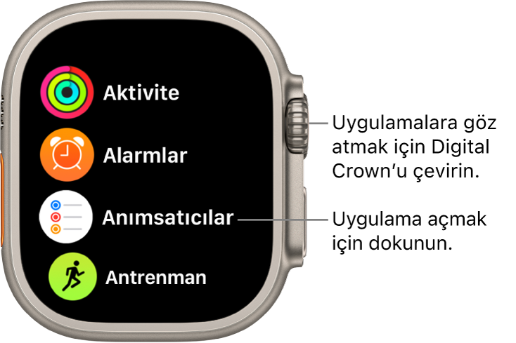 Apple Watch’ta liste şeklindeki uygulamalarla liste görüntüsündeki ana ekran. Açmak istediğiniz bir uygulamaya dokunun. Diğer uygulamaları görmek için kaydırın.