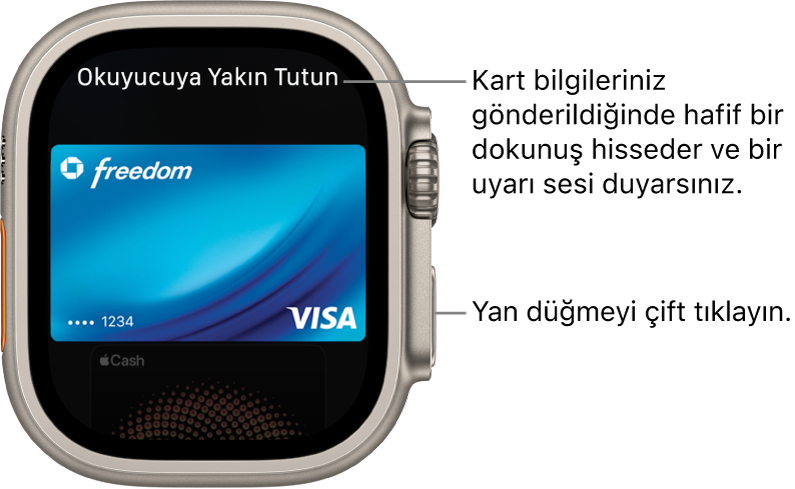En üstte “Okuyucuya Yakın Tutun” ifadesini gösteren Apple Pay ekranı; kart bilgileriniz gönderildiğinde hafif bir dokunuş hisseder ve bir bip sesi duyarsınız.