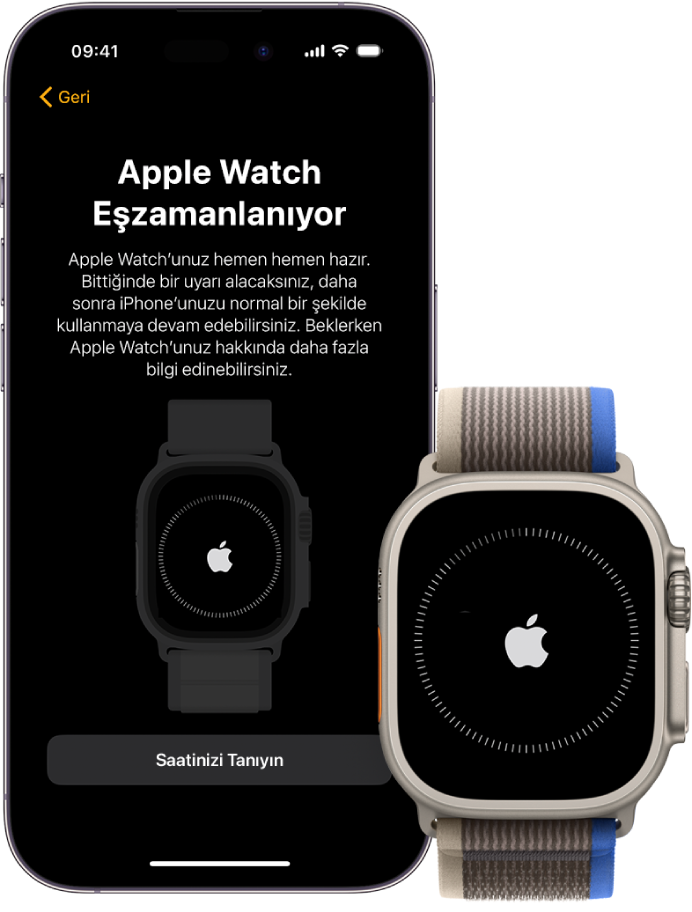 Yan yana bir iPhone ve Apple Watch Ultra. iPhone ekranında “Apple Watch Eşzamanlanıyor” ifadesi görünüyor. Apple Watch Ultra eşzamanlama ilerlemesini gösteriyor.