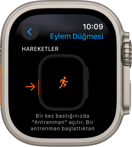 Apple Watch Ultra’daki Eylem Düğmesi ekranı, atanan eylem ve uygulama olarak Antrenman’ı gösteriyor. Eylem düğmesine bir kez basıldığında Antrenman uygulaması açılır.