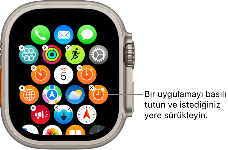 Izgara görüntüsündeki Apple Watch ana ekranı.
