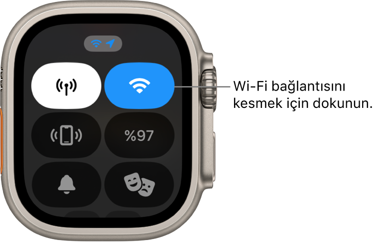 Wi-Fi düğmesi sağ üstte olmak üzere Apple Watch Ultra’daki Denetim Merkezi. Belirtme çizgisinde “Wi-Fi bağlantısını kesmek için dokunun” yazıyor.