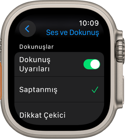 Apple Watch’ta Dokunuş Uyarıları anahtarı ile altında Saptanmış ve Dikkat Çekici seçeneklerinin olduğu Ses ve Dokunuş ayarları.