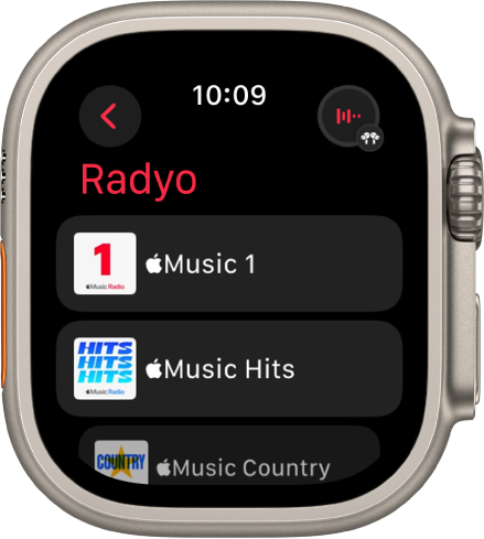 Üç Apple Music istasyonunu gösteren Radyo ekranı. Şu An Çalınan düğmesi sağ üstte. Geri düğmesi sol üsttedir.