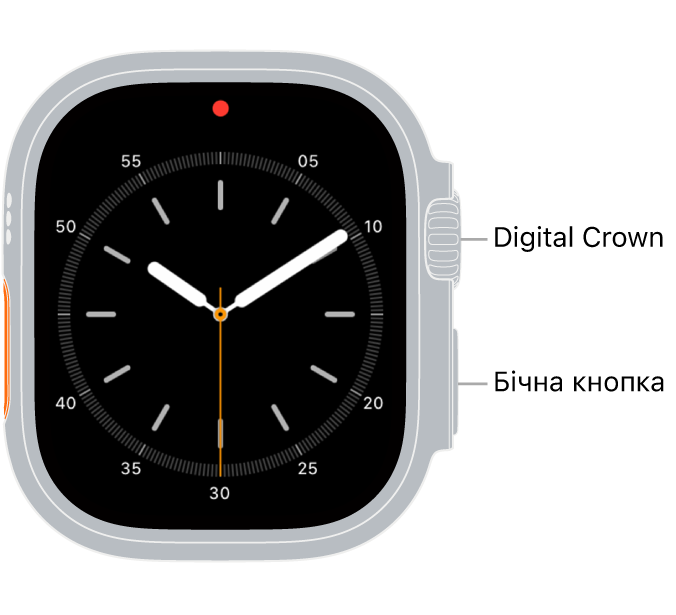 Передня панель Apple Watch Ultra з коронкою Digital Crown вгорі з правого боку годинника й бічною кнопкою, розташованою внизу праворуч.