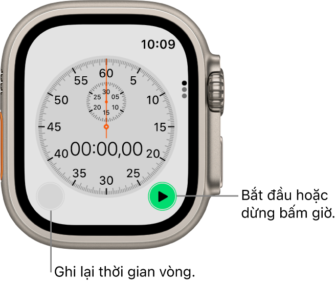 Mặt đồng hồ bấm giờ kim. Chạm vào nút bên phải để bắt đầu và dừng, nút bên trái để ghi lại thời gian vòng.
