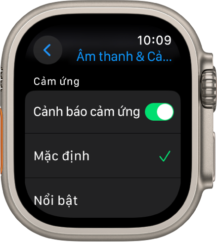 Cài đặt Âm thanh & Cảm ứng trên Apple Watch, với công tắc Cảnh báo cảm ứng và các tùy chọn Mặc định và Nổi bật ở bên dưới.