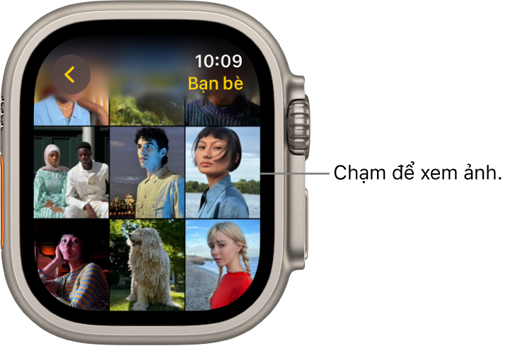 Màn hình chính của ứng dụng Ảnh trên Apple Watch, với một số ảnh được hiển thị trong lưới.