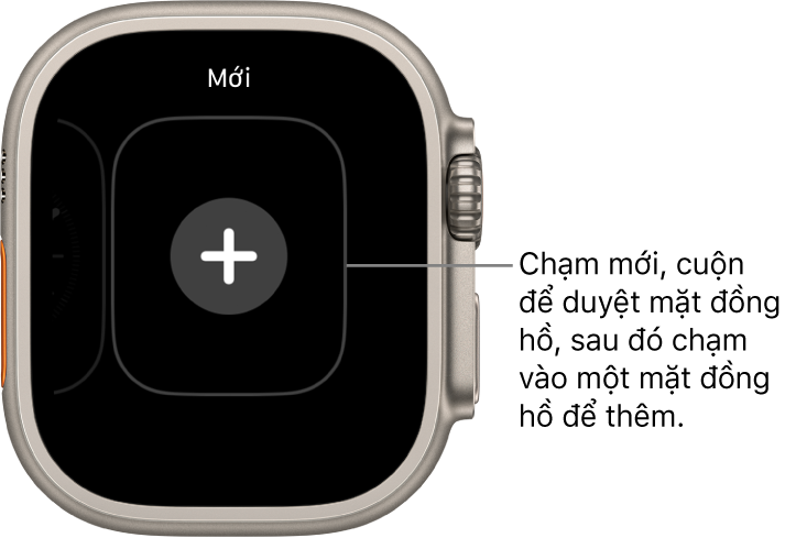 Màn hình mặt đồng hồ mới, với nút cộng ở giữa. Chạm để thêm mặt đồng hồ mới.