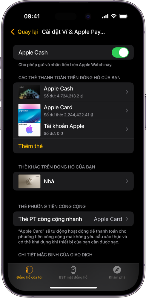 Màn hình Ví & Apple Pay trong ứng dụng Apple Watch trên iPhone. Màn hình hiển thị các thẻ được thêm vào Apple Watch và thẻ mà bạn đã chọn để sử dụng cho phương tiện công cộng nhanh.