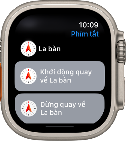 Ứng dụng Phím tắt trên Apple Watch đang hiển thị hai phím tắt La bàn – Bắt đầu quay về bằng La bàn và Dừng quay về bằng La bàn.