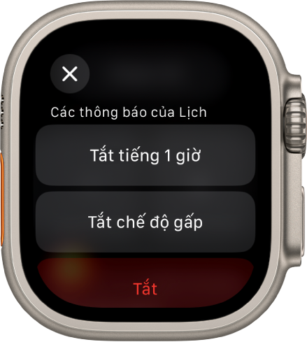 Cài đặt Thông báo trên Apple Watch. Nút trên cùng có nội dung "Tắt tiếng 1 giờ”. Bên dưới là các nút để Tắt chế độ gấp và Tắt.