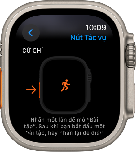 Màn hình nút Tác vụ trên Apple Watch Ultra đang hiển thị Bài tập là tác vụ và ứng dụng được chỉ định. Nhấn nút Tác vụ một lần sẽ mở ứng dụng Bài tập.