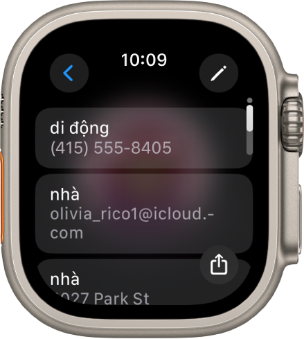 Ứng dụng Danh bạ đang hiển thị các chi tiết liên hệ. Nút Sửa xuất hiện ở trên cùng bên phải. Ba trường xuất hiện ở giữa màn hình – số điện thoại, địa chỉ email và địa chỉ nhà riêng. Một nút Chia sẻ ở dưới cùng bên phải và một nút Quay lại ở trên cùng bên trái.