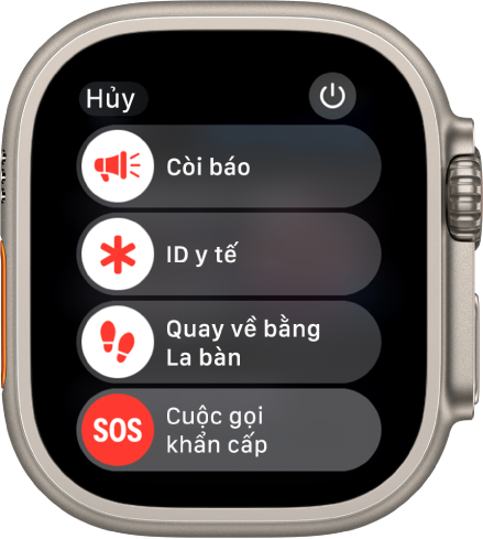 Màn hình Apple Watch đang hiển thị bốn thanh trượt: Còi báo, ID y tế, La bàn Quay về và Cuộc gọi khẩn cấp. Nút Nguồn ở trên cùng bên phải.