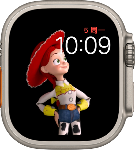 “玩具总动员”表盘，右上方显示星期、日期和时间，屏幕左侧显示动画翠丝。