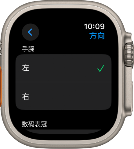 Apple Watch 上的“方向”屏幕。你可以设置佩戴手腕和数码表冠的偏好设置。