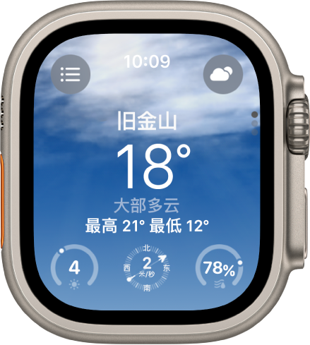 “天气” App 显示当天天气的概览。位置名称下方显示当前温度。底部是三个按钮：“紫外线指数”、“风速”和“降水”。“位置列表”按钮位于左上方，“天气状况”按钮位于右上方。