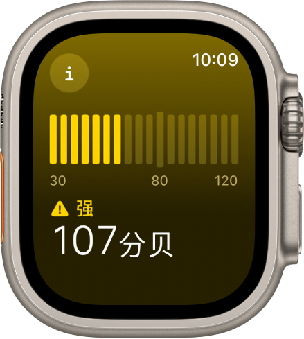 “噪声” App 显示 107 分贝的音量级别，上方是文字“强”。声级计显示在屏幕中间。