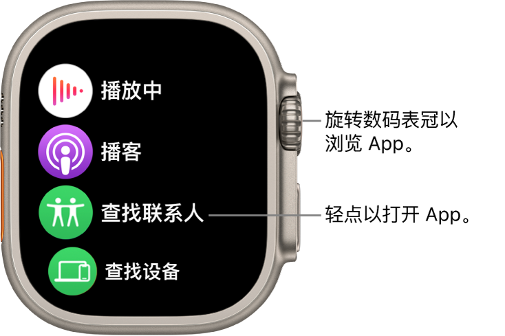 Apple Watch 上列表视图中的主屏幕，App 以列表方式显示。轻点以打开 App。滚动以查看更多 App。