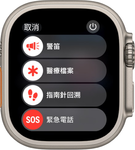 Apple Watch 畫面顯示四個滑桿：「警笛」、「醫療檔案」、「指南針回溯」和「緊急電話」。右上角有「電源」按鈕。