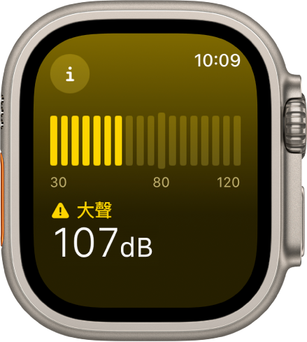 「噪音」App 顯示 107 分貝音量以及上方的字詞「大聲」。畫面中央出現音量計的捲動列表。