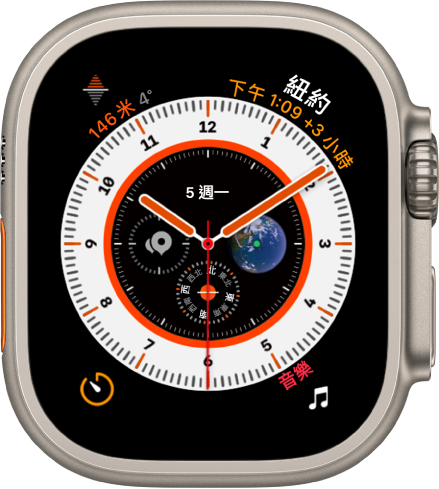 「尋路人」錶面在左上方顯示「高度」複雜功能，在右上方顯示「世界時鐘」，在左下方顯示「計時器」，並在右下方顯示「音樂」。錶面中間附近有四個複雜功能：日期位於上方、「地球」位於右方、「指南針」位於下方，而「指南針航點」則位於左方。