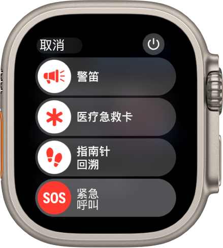 Apple Watch 屏幕显示四个滑块：“警笛”、“医疗急救卡”、“指南针回溯”和“紧急呼叫”。右上方为“电源”按钮。