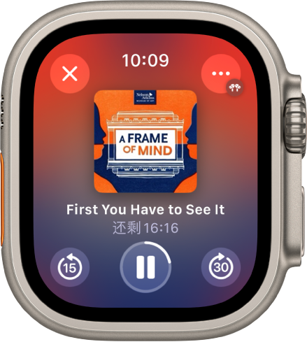 “播客” App 显示中间带有专辑插图、单集标题和剩余时间的“播放中”屏幕。屏幕底部是“向后跳”、“播放/暂停”和“向前跳”按钮。“更多选项”按钮位于右上方，“关闭”按钮位于左上方。