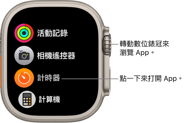 Apple Watch 上列表顯示方式的主畫面，App 以列表顯示。點一下 App 來打開。捲動來查看更多 App。
