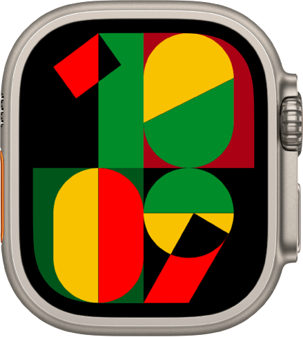 「團結馬賽克」錶面在螢幕中央顯示目前的時間。