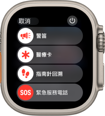 Apple Watch 畫面顯示四個滑桿：「警笛」、「醫療卡」、「指南針」、「回溯」和「緊急服務電話」。電源按鈕位於右上方。
