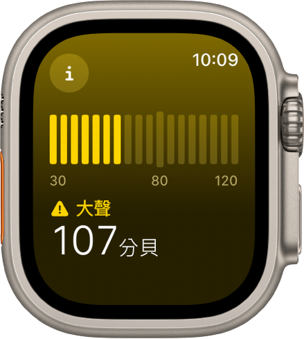 「噪音」App 顯示 107 分貝的音量，上方帶有「高音量」字樣。畫面中間會出現一個聲級計。