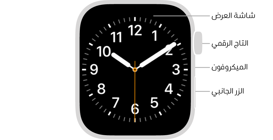 الجزء الأمامي من Apple Watch Series 9 وتظهر به شاشة العرض التي تعرض واجهة الساعة والتاج الرقمي والميكروفون والزر الجانبي من أعلى إلى أسفل على جانب الساعة.