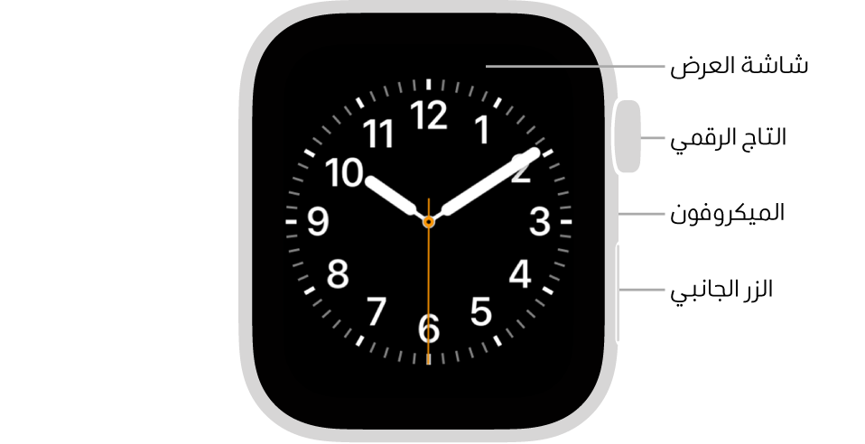 الجزء الأمامي من Apple Watch (الجيل الثاني) وتظهر به شاشة العرض التي تعرض واجهة الساعة والتاج الرقمي والميكروفون والزر الجانبي من أعلى إلى أسفل على جانب الساعة.