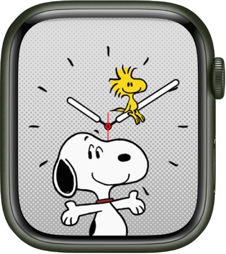 واجهة الساعة Snoopy تعرض شخصية Snoopy و Woodstock. يبتسم Snoopy ويحضر مفاجأة. يجلس Woodstock على عقرب الدقائق، ويشعر بالسعادة.