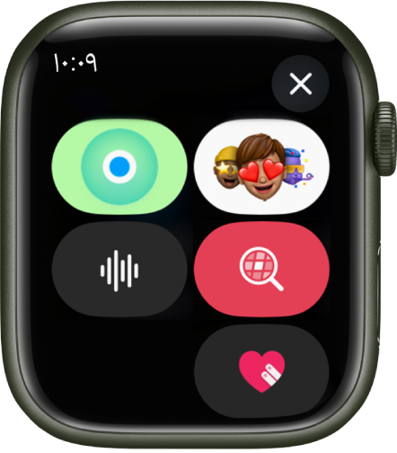شاشة الرسائل تعرض زر Apple Cash بجانب أزرار ميموجي وموقع وصورة GIF وصوت ولمسة رقمية.