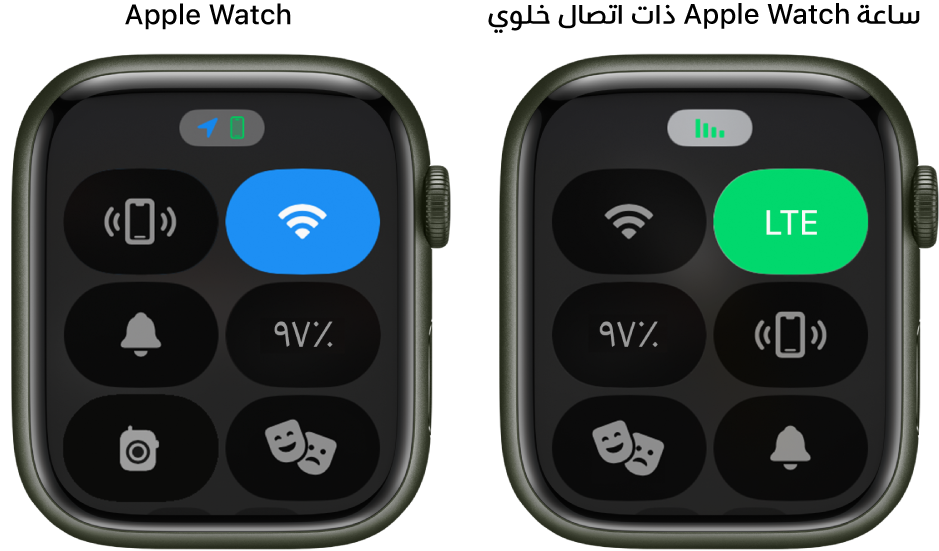 مركز التحكم على شاشتي Apple Watch. على اليمين، يظهر Apple Watch ‏(GPS ) ويعرض أزرار Wi-Fi واختبار اتصال الـ iPhone والبطارية ونمط صامت ونمط المسرح ووكي توكي. على اليمين، يظهر Apple Watch ‏(GPS + خلوي) ويعرض أزرار خلوي و Wi-Fi واختبار اتصال الـ iPhone والبطارية ونمط صامت ونمط المسرح.